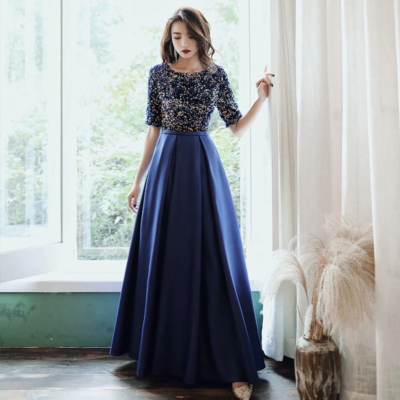 New Blue Birthday Party Dress Long Host Dinner Evening Dress Thin Women Winter - Image 4