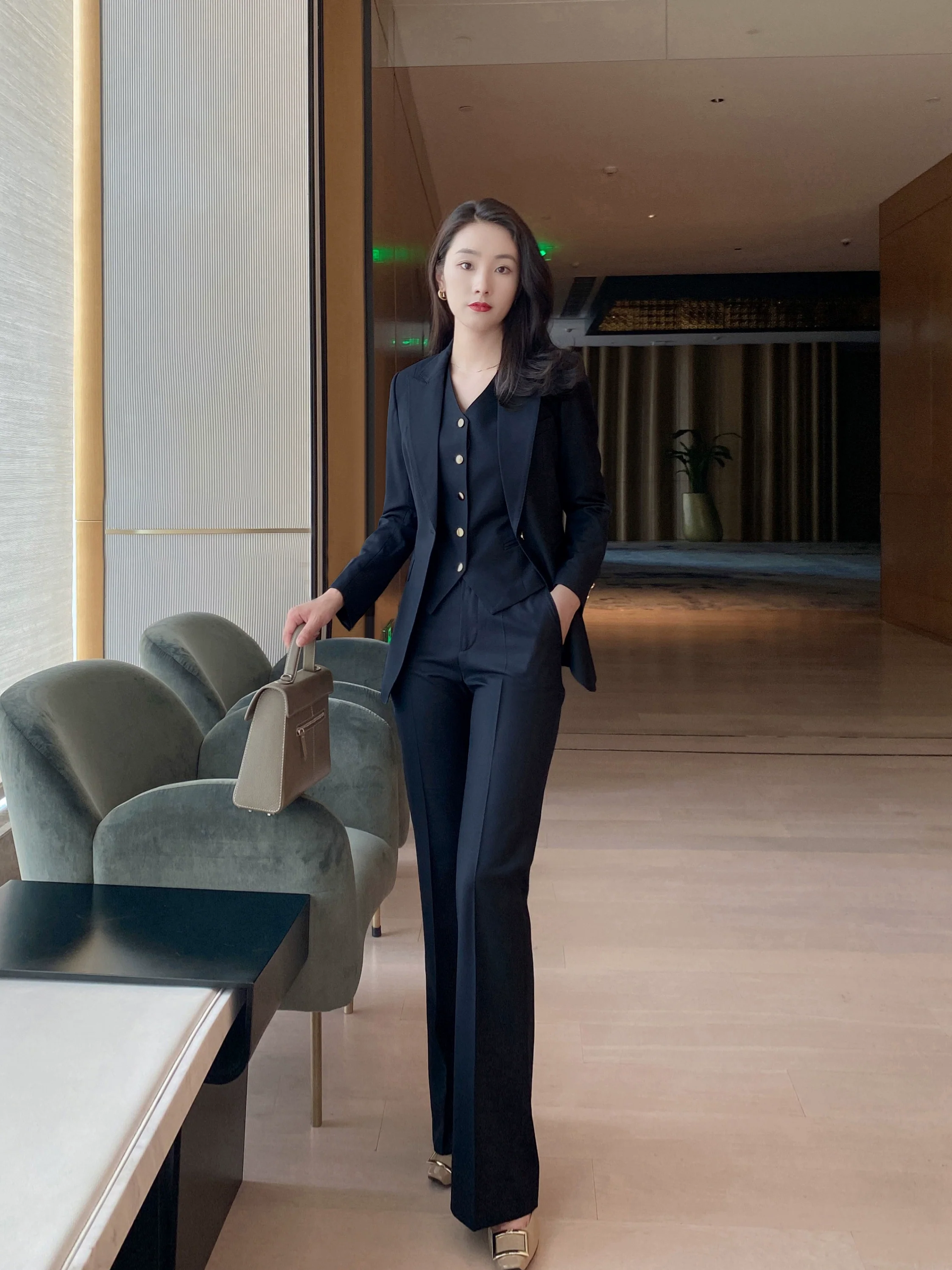 Autumn Classic Blue-Black 3-Piece Suit Set Jacket Vest Flared Trousers - Image 5