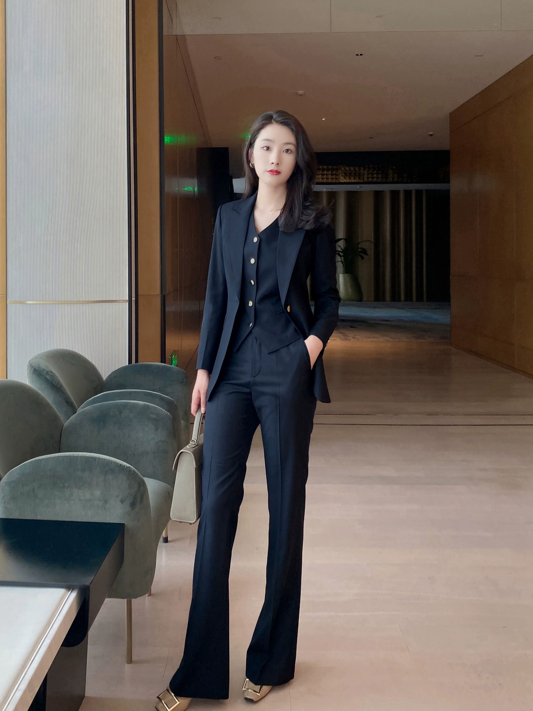 Autumn Classic Blue-Black 3-Piece Suit Set Jacket Vest Flared Trousers - Image 6