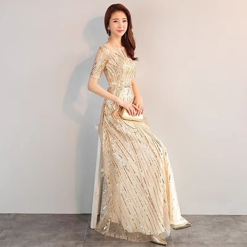 EG-SALE-AME-00102 Banquet evening dress female host champagne color temperament light luxury niche high-end high-end birthday dress - Image 4