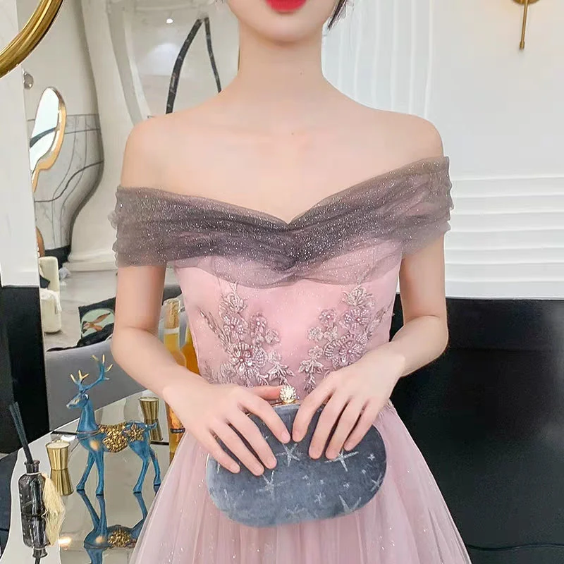 Banquet evening dress female new pink word shoulder long paragraph noble fairy temperament birthday party dress - Image 2