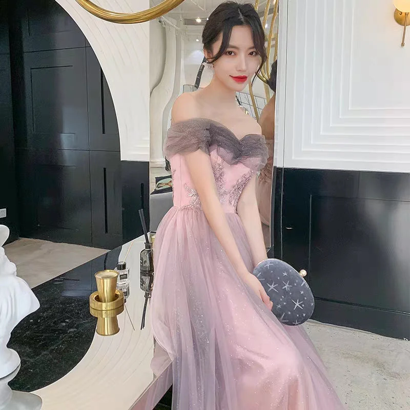 Banquet evening dress female new pink word shoulder long paragraph noble fairy temperament birthday party dress - Image 3