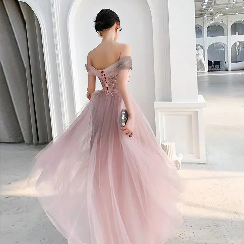 Banquet evening dress female new pink word shoulder long paragraph noble fairy temperament birthday party dress - Image 4