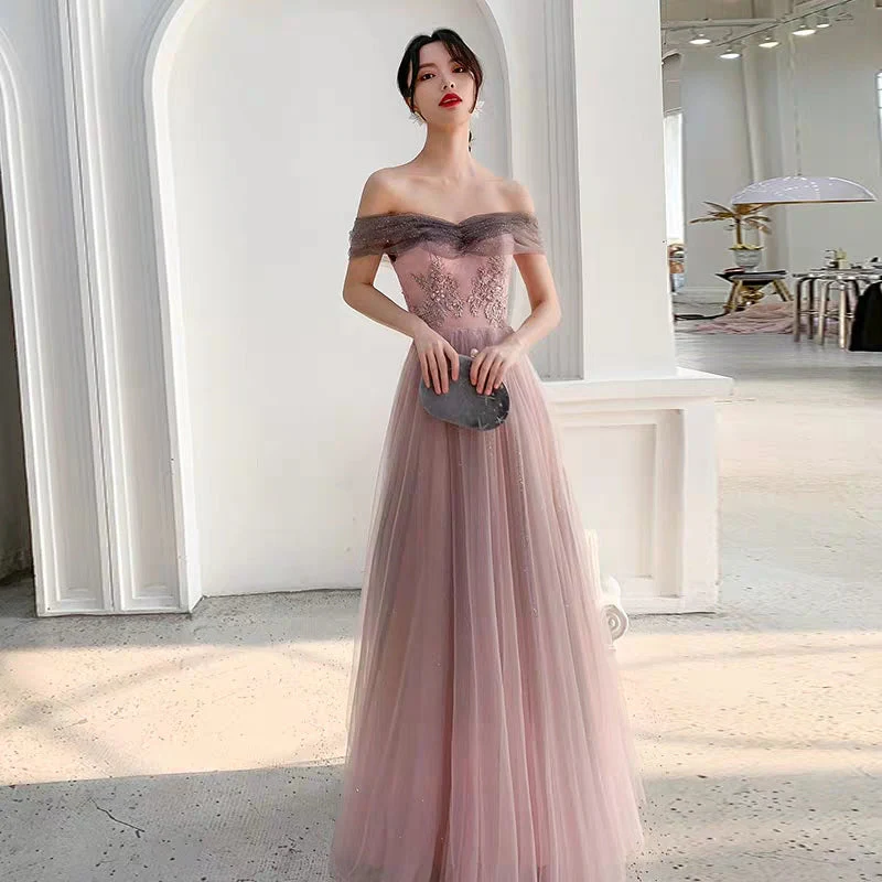Banquet evening dress female new pink word shoulder long paragraph noble fairy temperament birthday party dress - Image 5