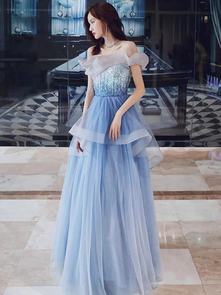 Banquet evening dress new winter temperament blue fairy long paragraph word shoulder sequins annual meeting dress skirt female - Image 4