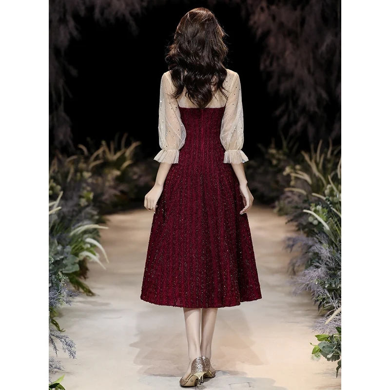 Banquet evening dress red long-sleeved dress  women evening dress birthday party dress - Image 3