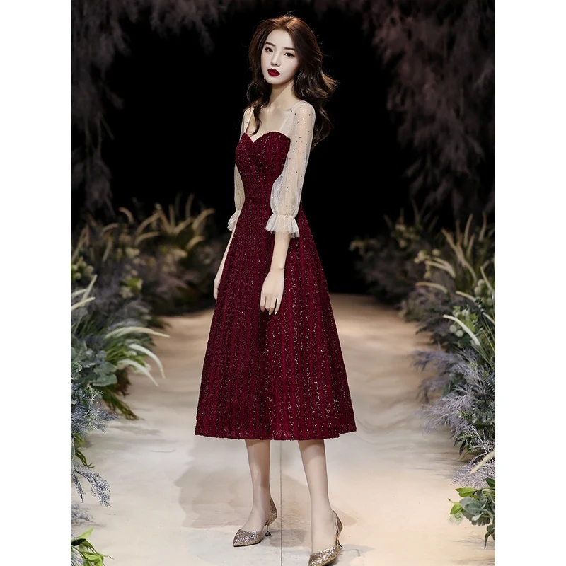 Banquet evening dress red long-sleeved dress  women evening dress birthday party dress - Image 4