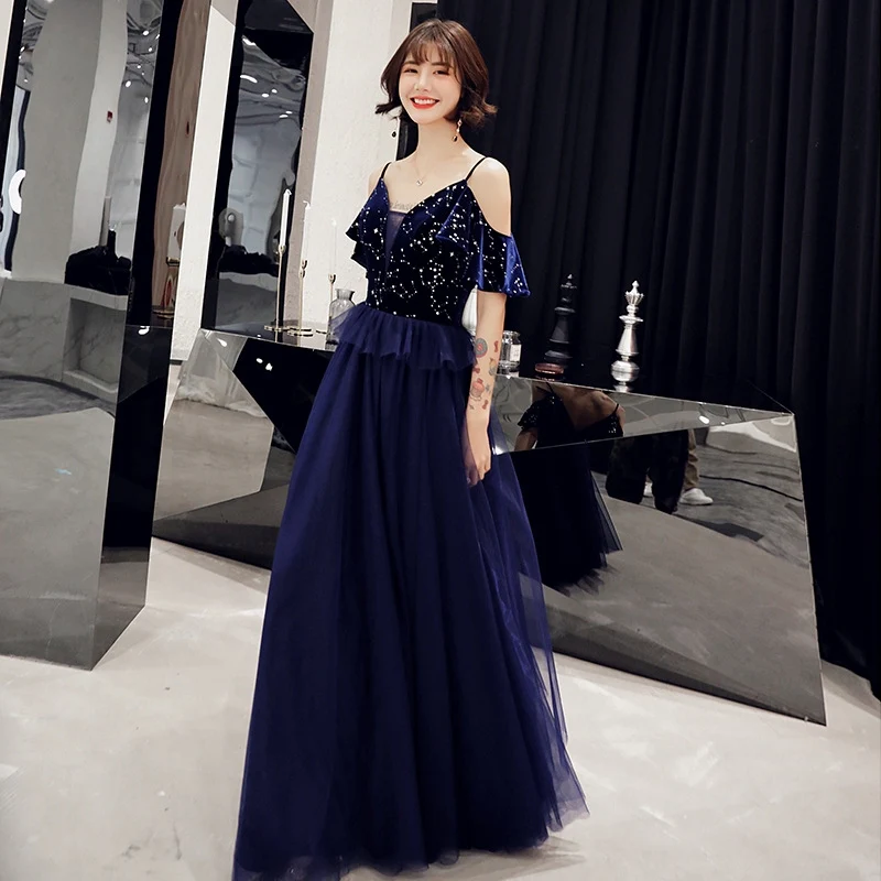 banquet evening dress sling blue long elegant sexy thin host dress - Image 4