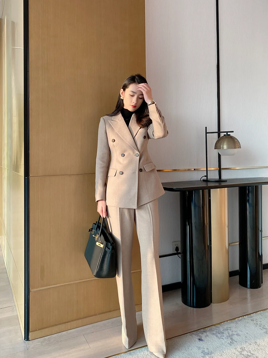 Beige Demi-Season Woolen Women's Suit with Tailored Fit - Image 2