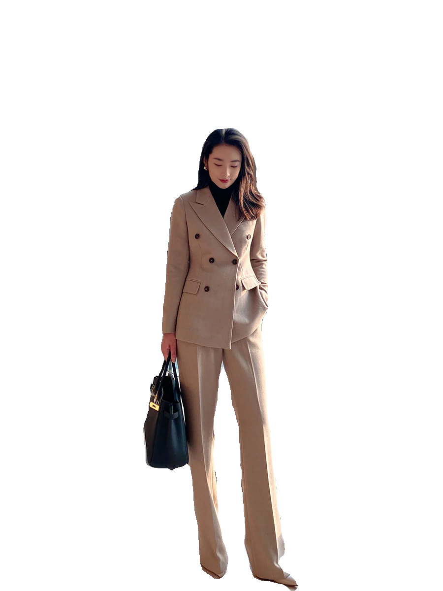 Beige Demi-Season Woolen Women's Suit with Tailored Fit - Image 5