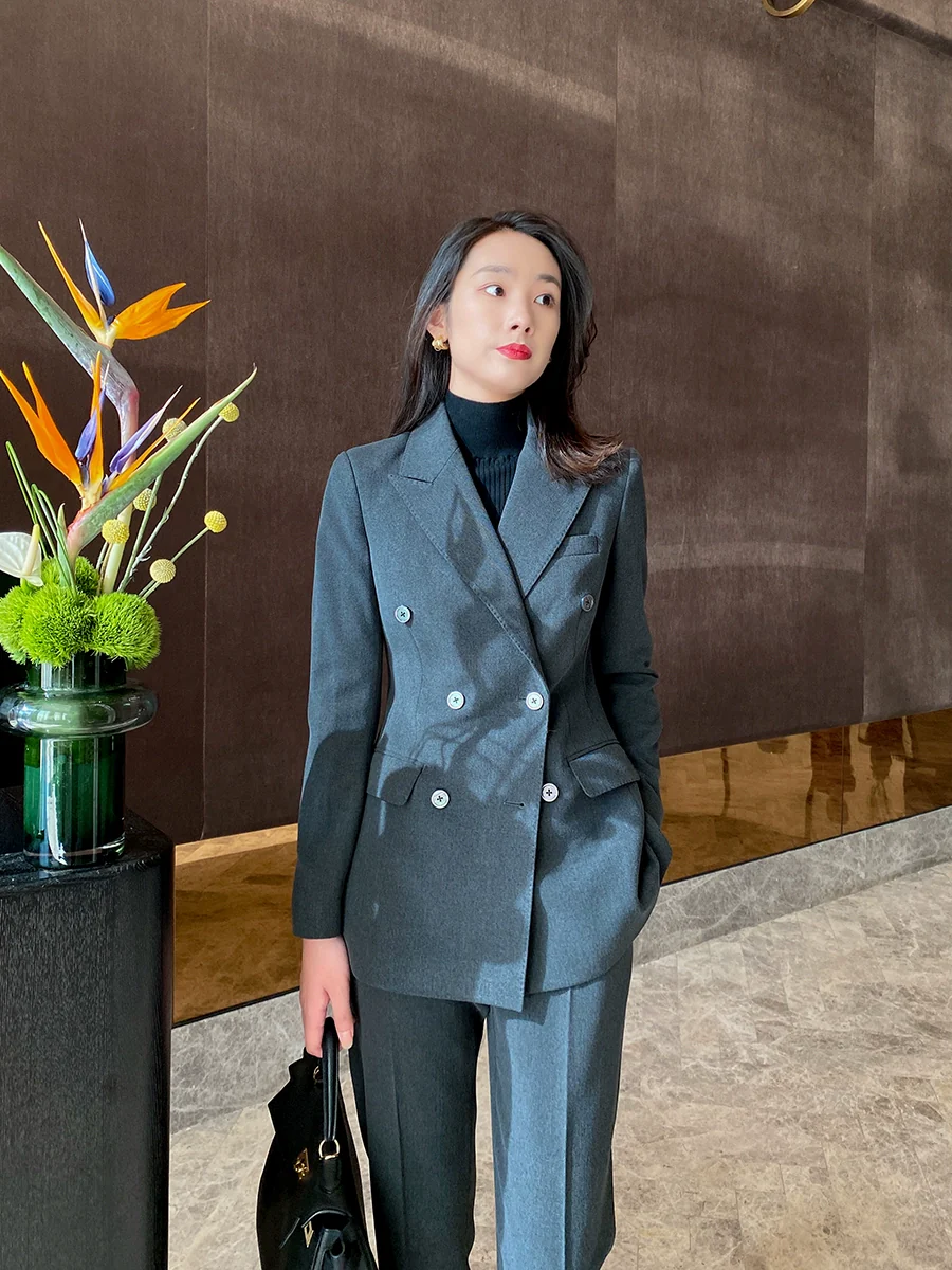 Blue Gray Demi-Season Classic Women's Suit Jacket & Trousers - Image 2