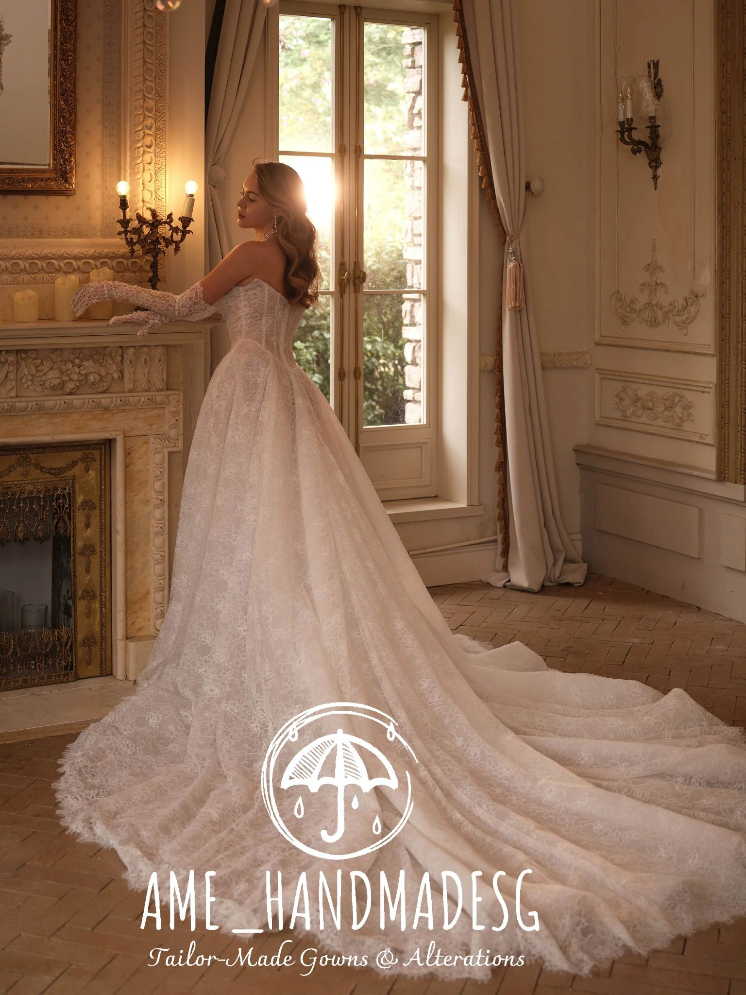 Regal Allure: A Couture Lace Bridal Gown with Gloves - Image 2