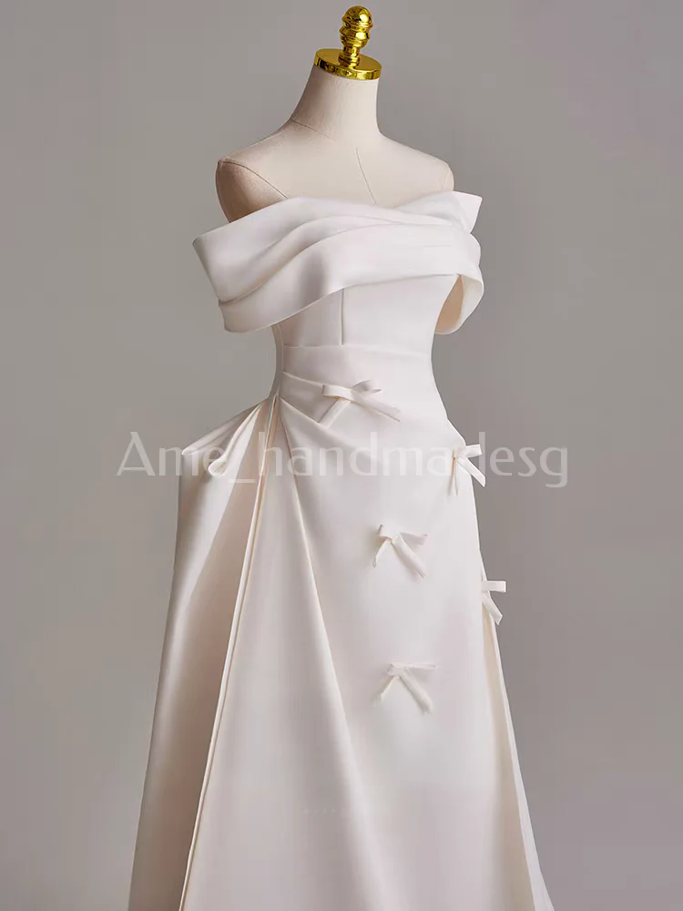 Bride's one-shoulder satin beautiful French-style light wedding dress for going out, high-end forest-style tailing welcoming engagement dress - Image 3