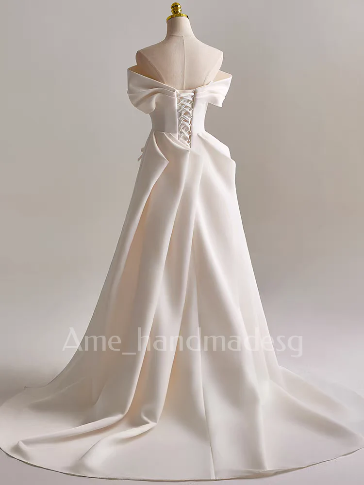 Bride's one-shoulder satin beautiful French-style light wedding dress for going out, high-end forest-style tailing welcoming engagement dress - Image 4