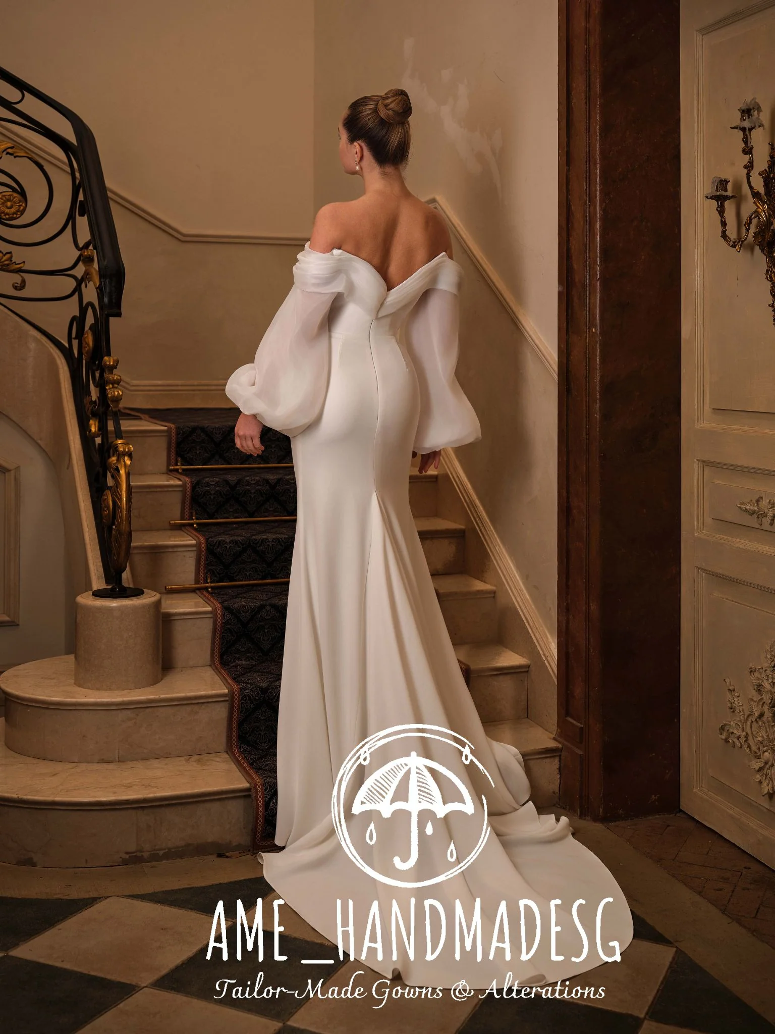 Ethereal Grace — Off-Shoulder Satin Bridal Gown with Sheer Sleeves - Image 2
