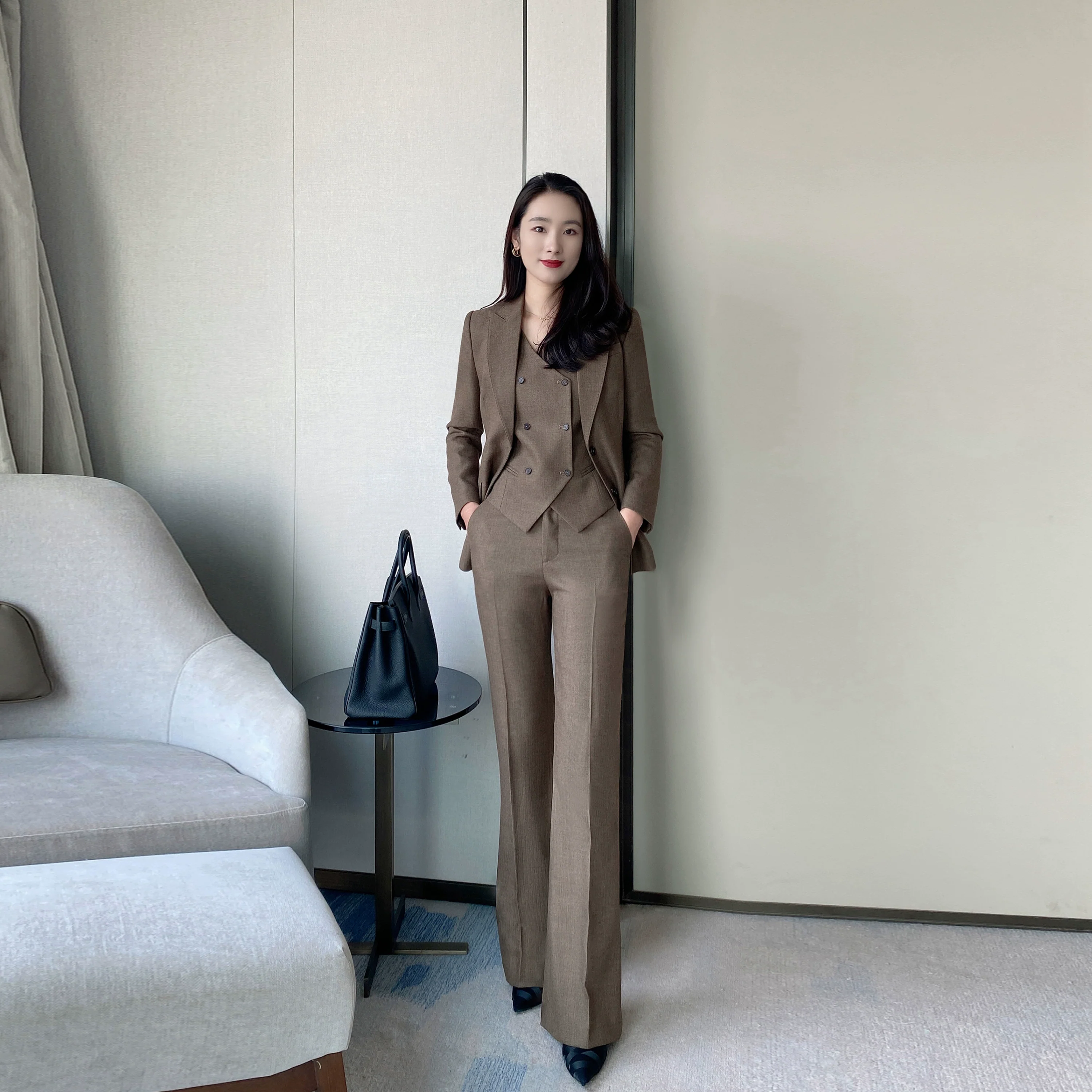 Coffee-Colored Elegant Women's Winter Suit Set – Jacket Vest Flared Trousers - Image 6