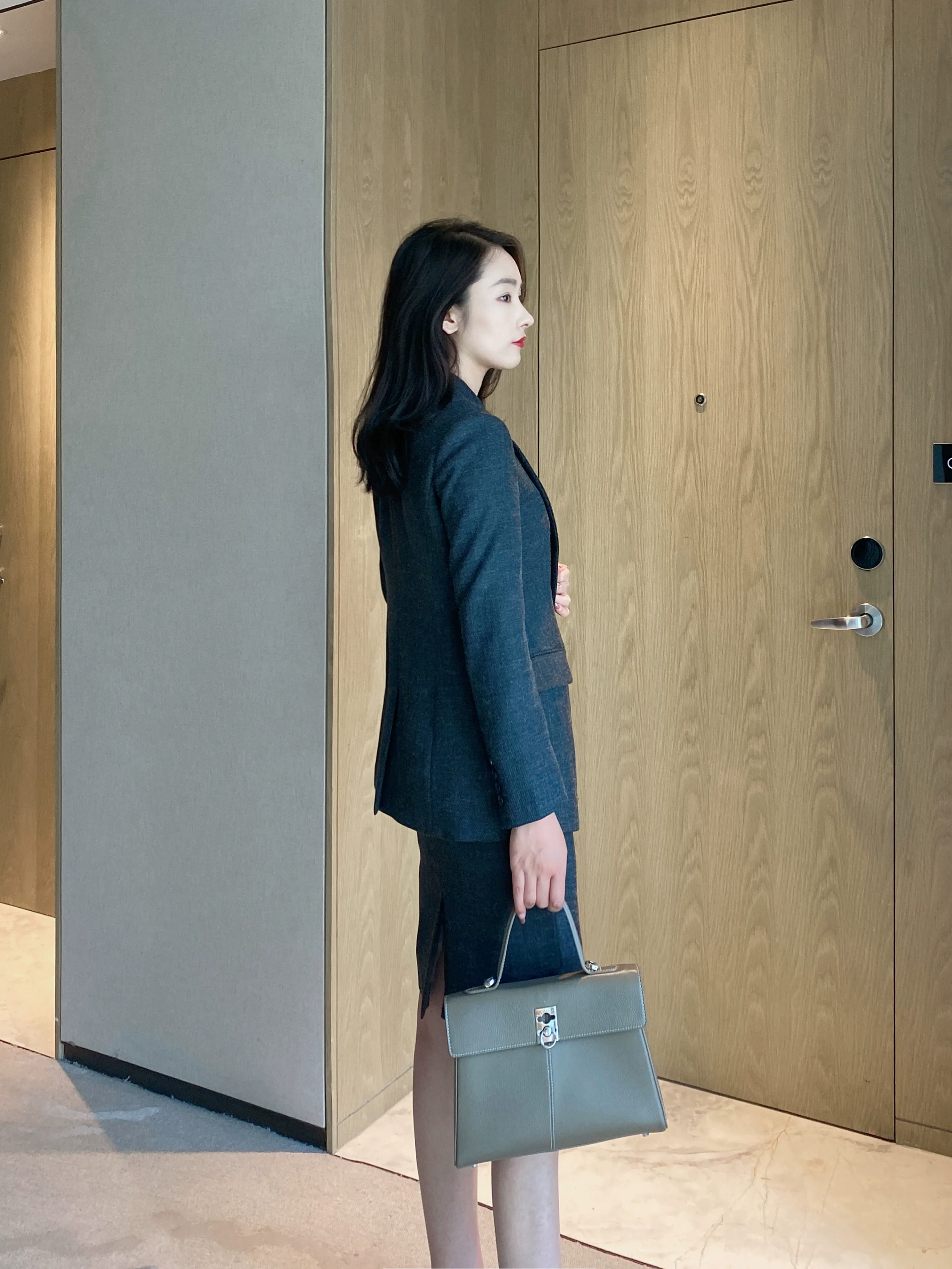 Dark Gray Demi-Season Fitted Dress, Skirt & Jacket Set - Image 3