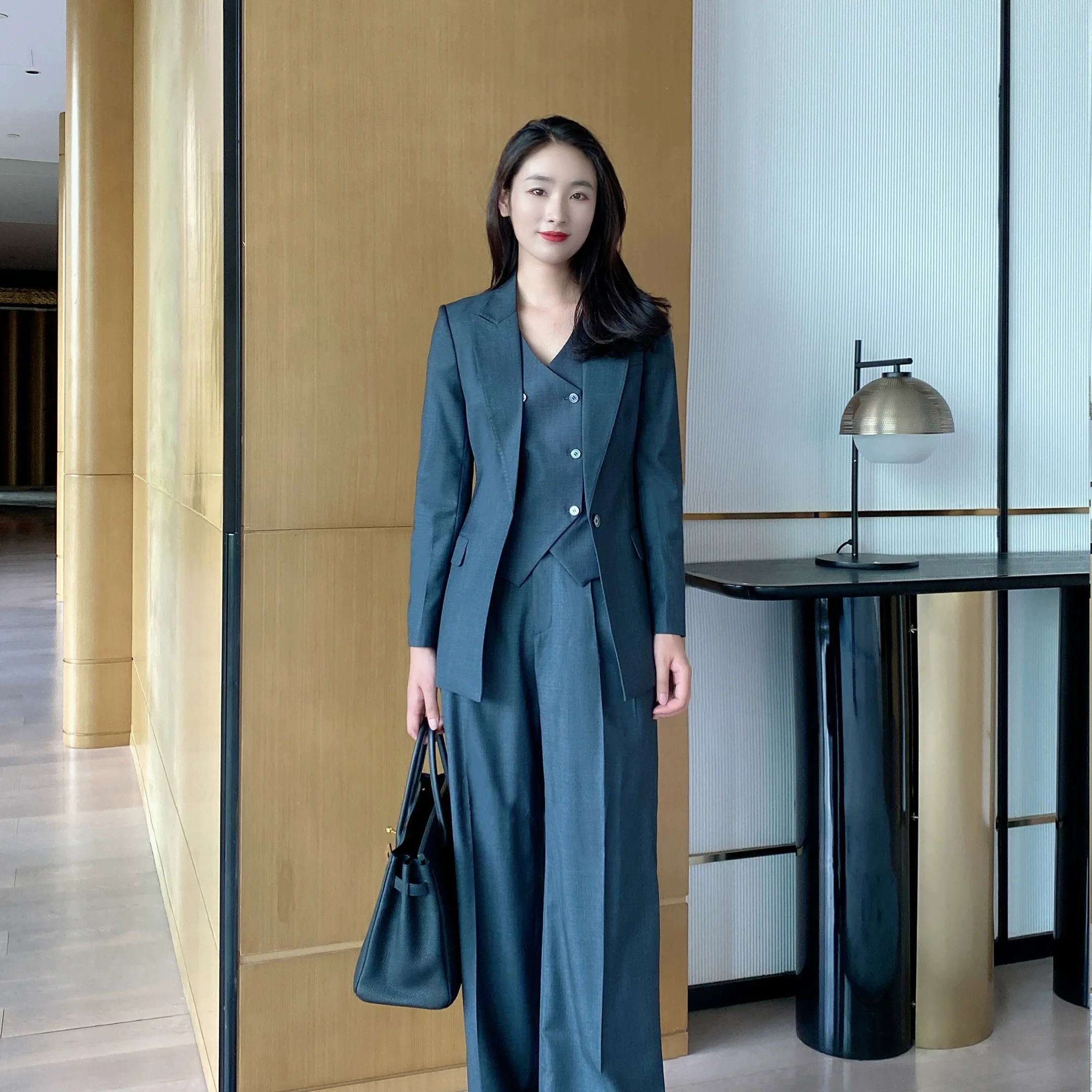 Dark Gray Slim Fit Wool 3-Piece Women's Suit Set - Image 5