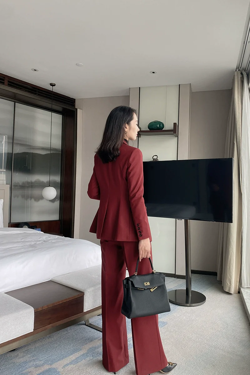 Demi-season Burgundy Women’s Suit Set – Slim Fit Jacket & Trousers - Image 4