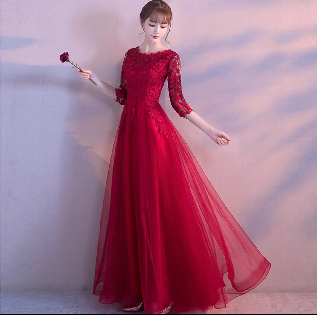 EG-SALE-AME-00114 Wedding toast dress bride evening dress can be worn at ordinary times new wine red - Image 2