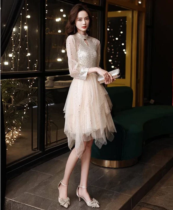 EG-SALE-AME-00120 French Lemondtajoes champagne evening dress for women, banquet, petite, high-quality art exam dress - Image 2