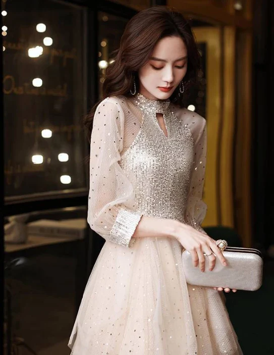 EG-SALE-AME-00120 French Lemondtajoes champagne evening dress for women, banquet, petite, high-quality art exam dress - Image 5