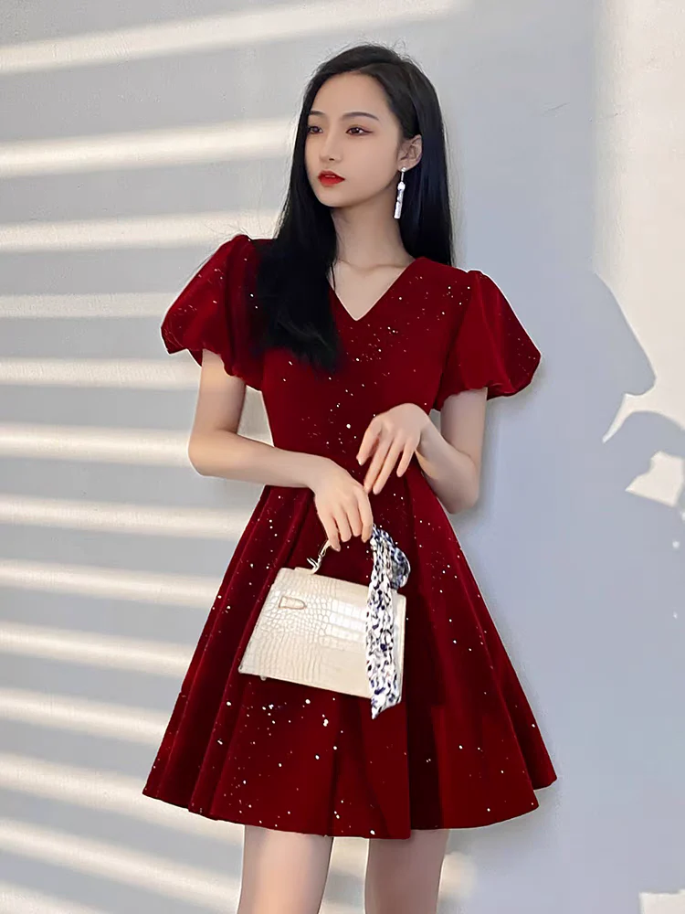 EG-SALE-AME-00121 Toast dress bride new summer velvet engagement dress female short petite French V-neck puff sleeves