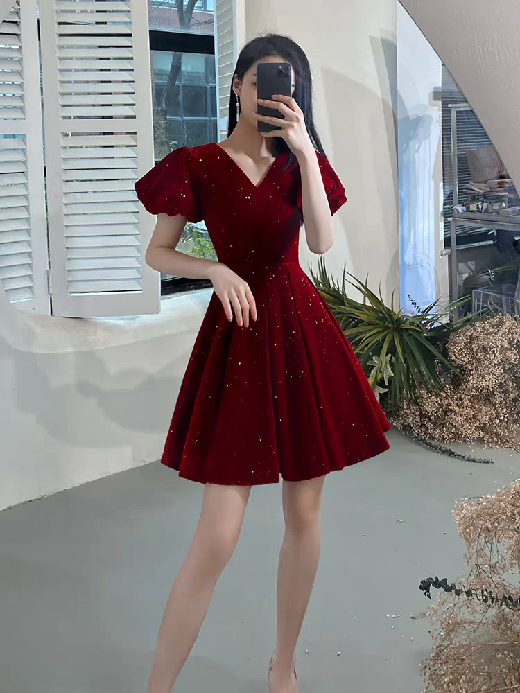 EG-SALE-AME-00121 Toast dress bride new summer velvet engagement dress female short petite French V-neck puff sleeves - Image 3
