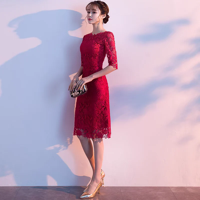 EG-SALE-AME-00123 Bride toast dress wine red can be worn at ordinary times wedding dress female engagement return door dress lace mid-length - Image 3
