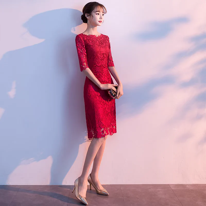 EG-SALE-AME-00123 Bride toast dress wine red can be worn at ordinary times wedding dress female engagement return door dress lace mid-length - Image 4
