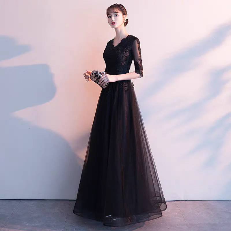 EG-SALE-AME-00130 Evening dress skirt female banquet temperament long lady high-end black slim chorus costume performance costume winter art exam light luxury - Image 2