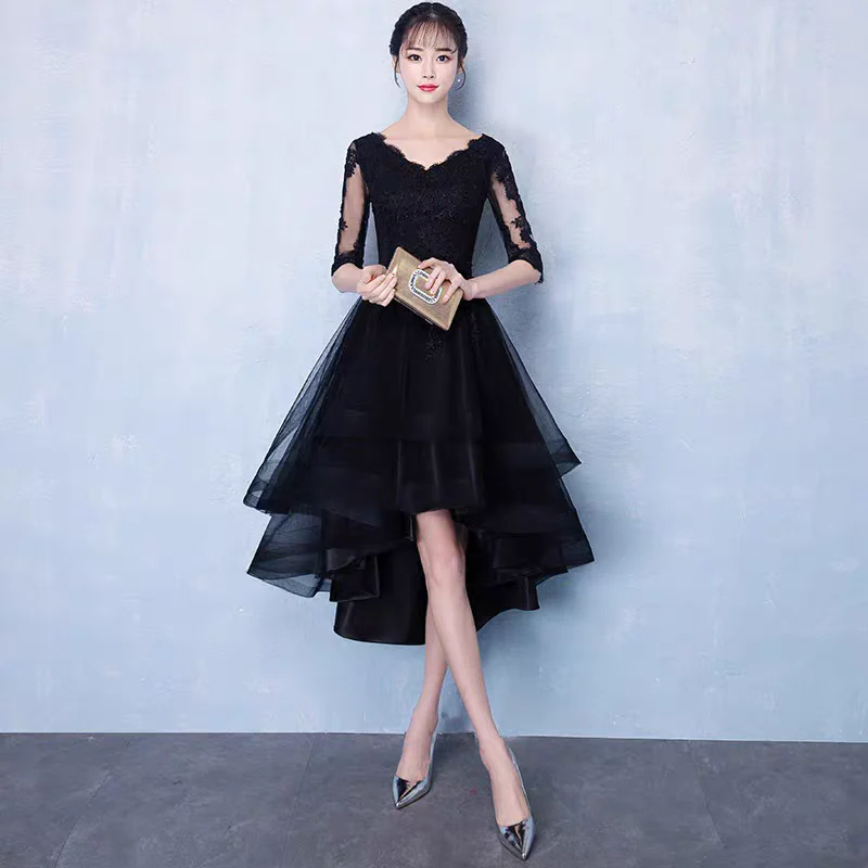 EG-SALE-AME-00131 Black banquet evening dress new winter fashion short front and long back party party small dress dress female