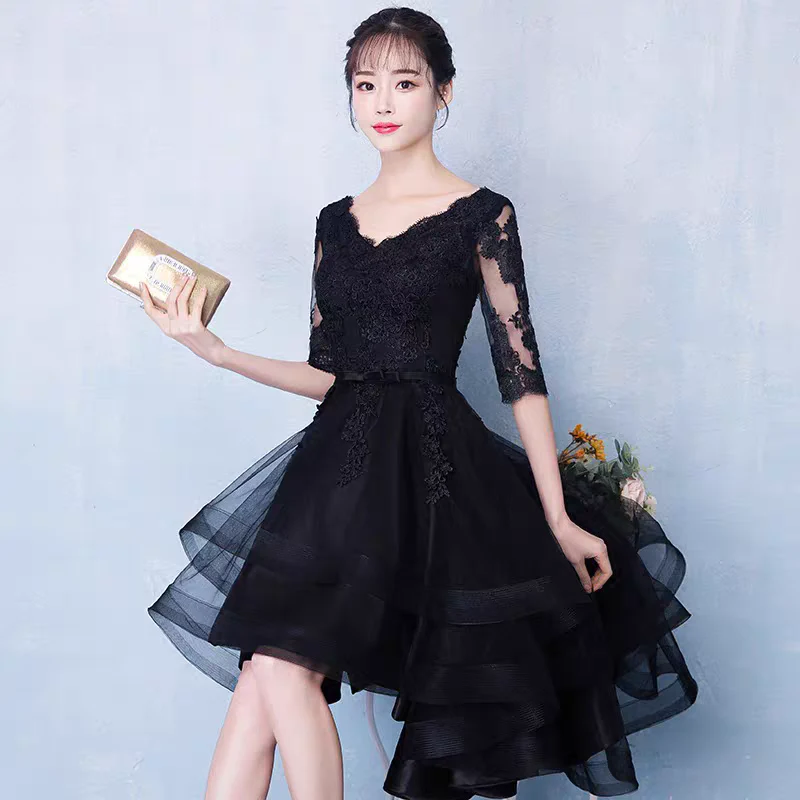 EG-SALE-AME-00131 Black banquet evening dress new winter fashion short front and long back party party small dress dress female - Image 3
