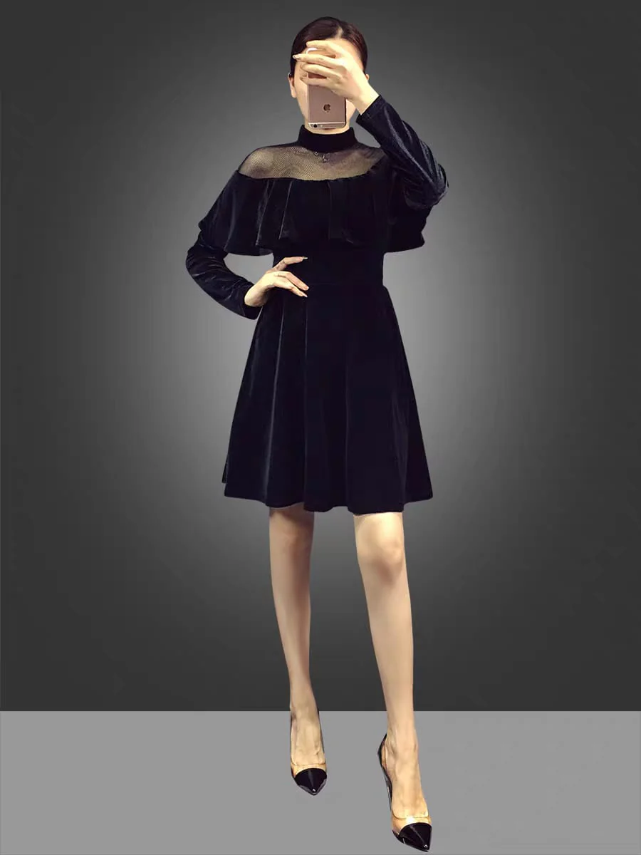 EG-SALE-AME-00153 Celebrity temperament mesh splicing velvet dress French retro skirt autumn and autumn women's small dress - Image 3