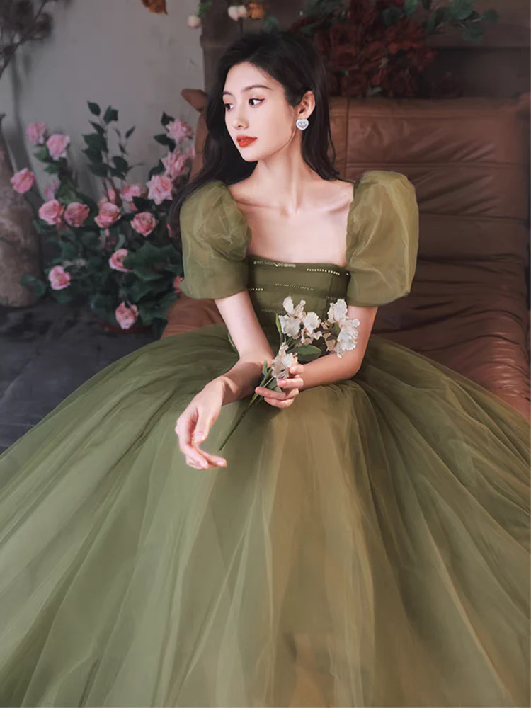 EG-SALE-AME-00181 Forest style evening dress for women light luxury high-end fairytale aesthetic olive green tone, puff sleeves, and flowing tulle skirt - Image 3