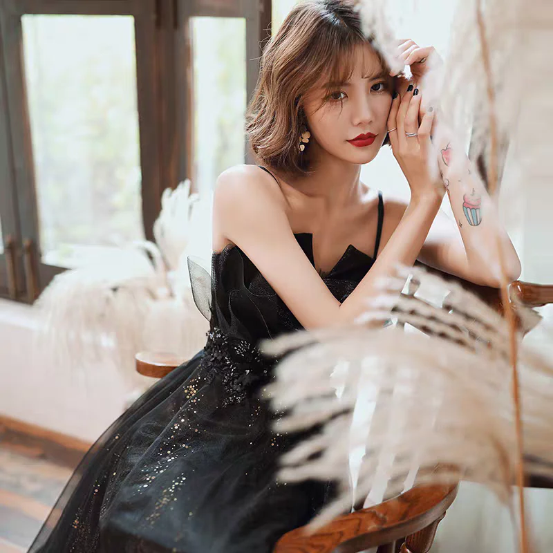 EG-SALE-AME-00195 new black long evening dress ,backless dress host suspender evening dress female - Image 4