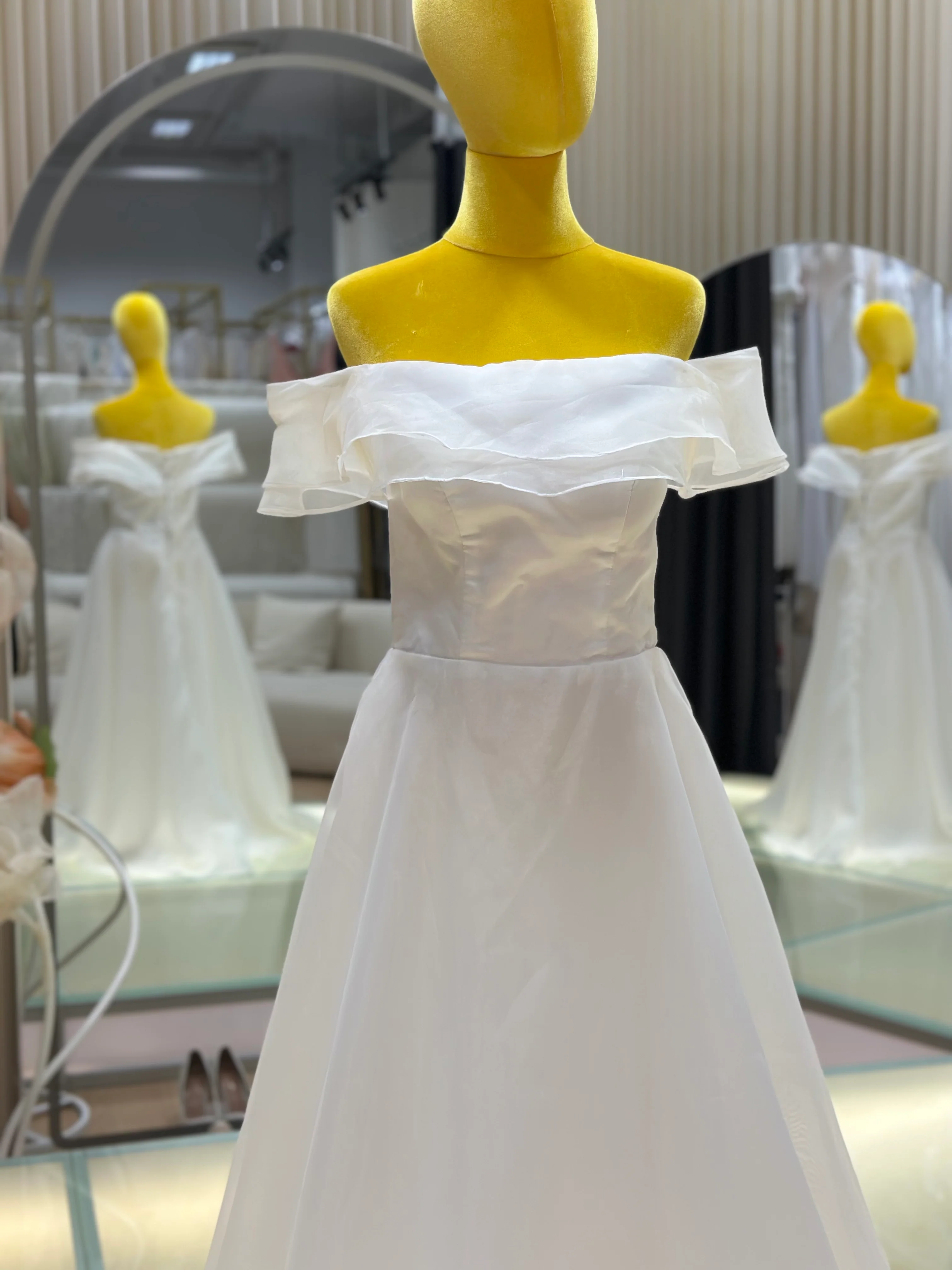 Off-Shoulder Simple Light Lawn Forest Wedding Gown | Ready-to-Wear - Image 3