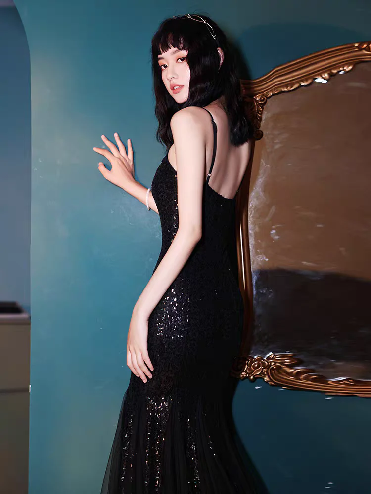 EG-SALE-AME-00107 Black sequined evening dress for women new style high-end luxury niche high-end temperament banquet sling fishtail - Image 4