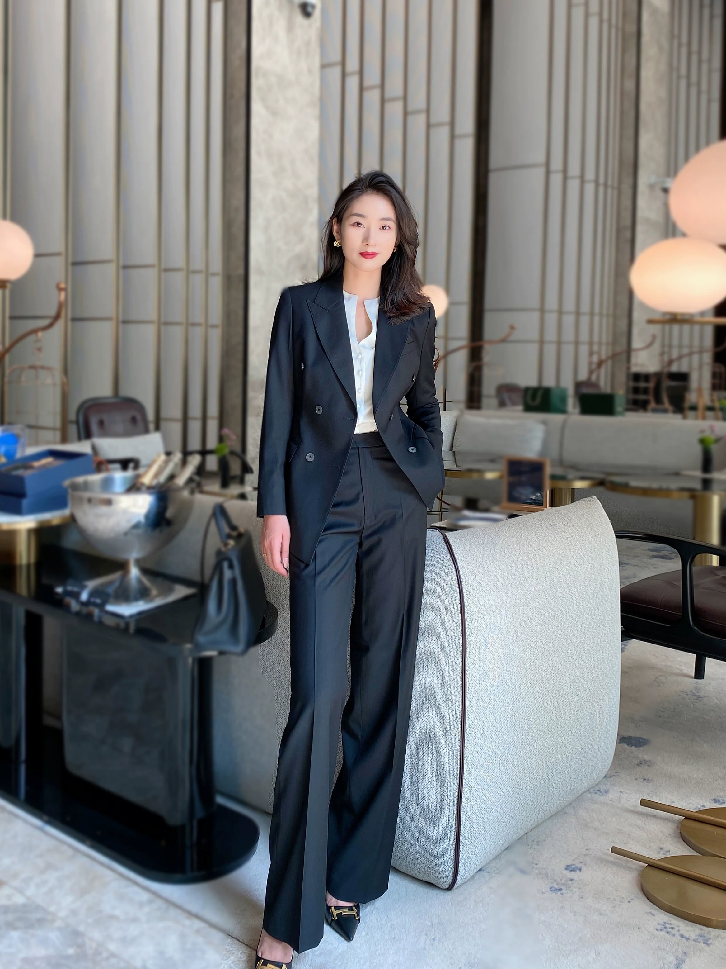 Elegant Black Autumn Suit Set Tailored Jacket and Wide‑Leg Trousers