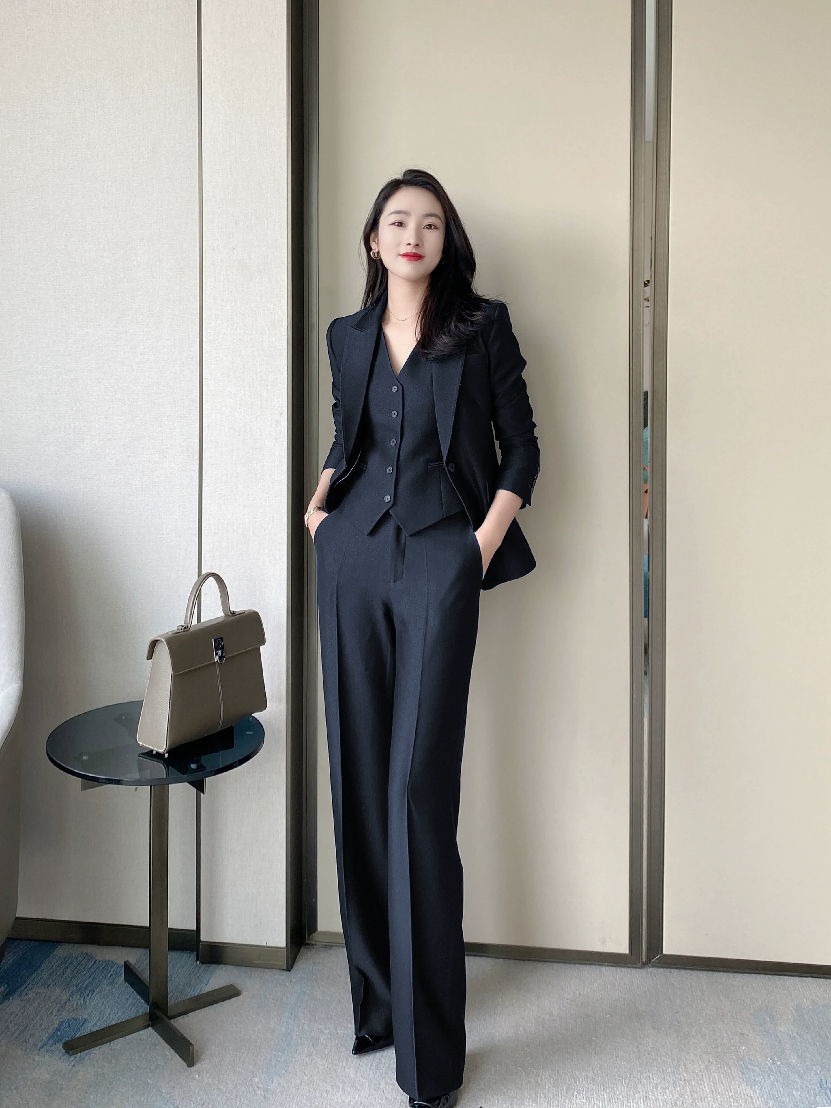 Elegant Black Women's Three-Piece Suit Set Jacket Vest Trousers