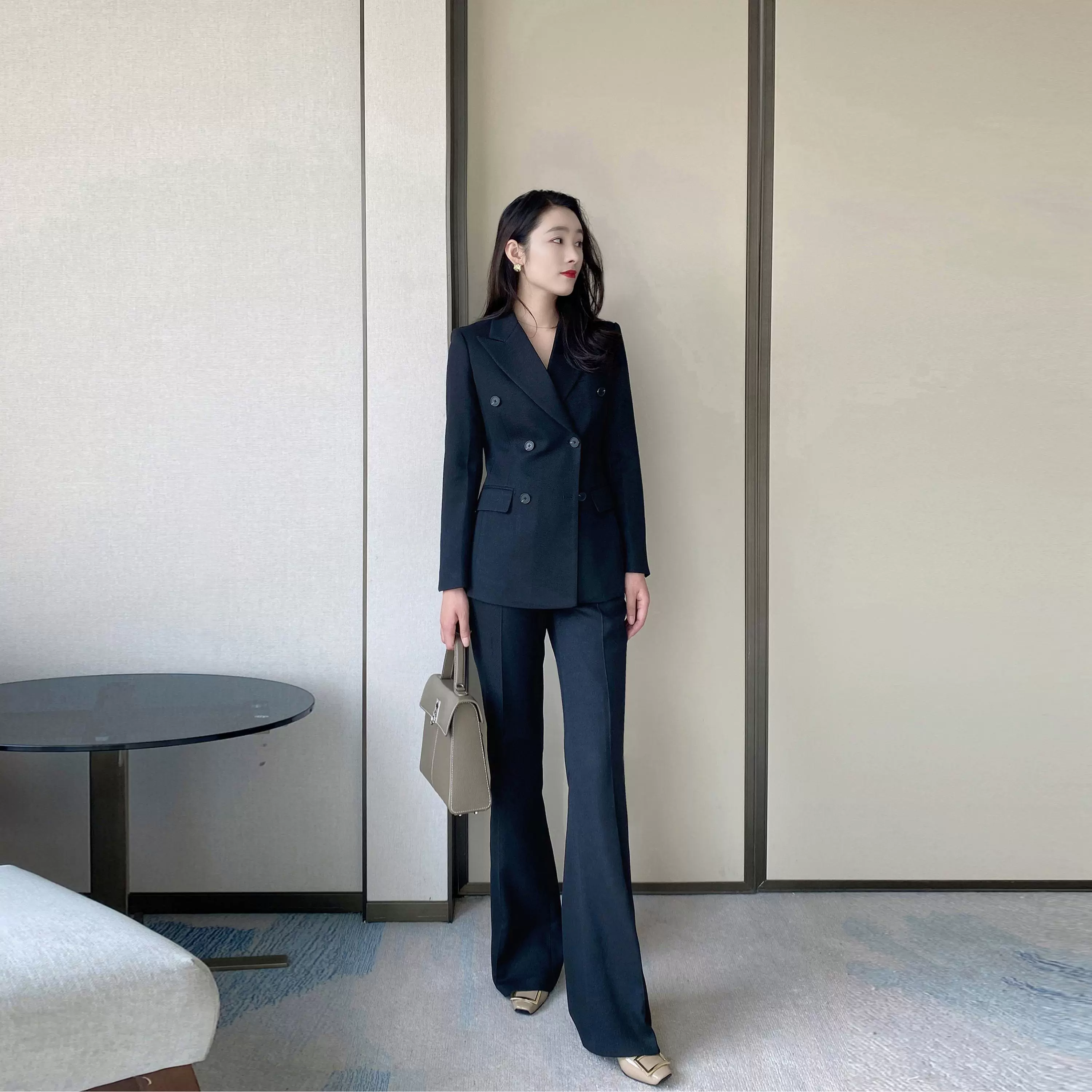 Elegant Black Woolen Winter Suit with Flared Trousers