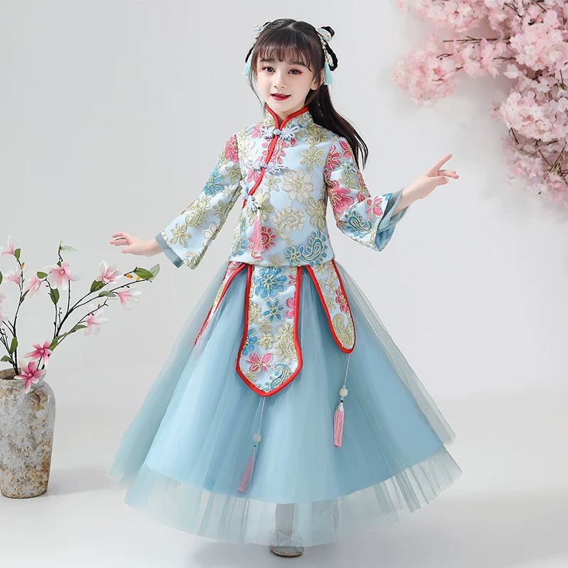 Elegant Princess Hanfu Dress for Girls - Winter Fleece Long-Sleeve Costume