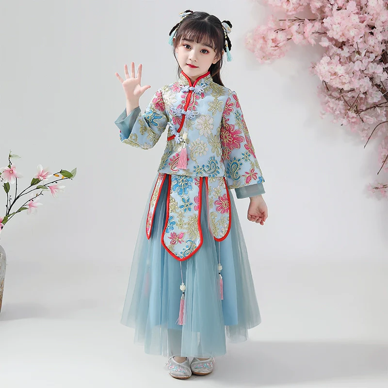 Elegant Princess Hanfu Dress for Girls - Winter Fleece Long-Sleeve Costume - Image 3