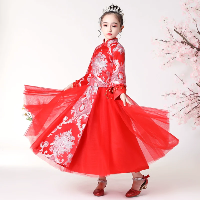 Elegant Hanfu Dress Set: Long-Sleeve Cheongsam Skirt for Teenagers