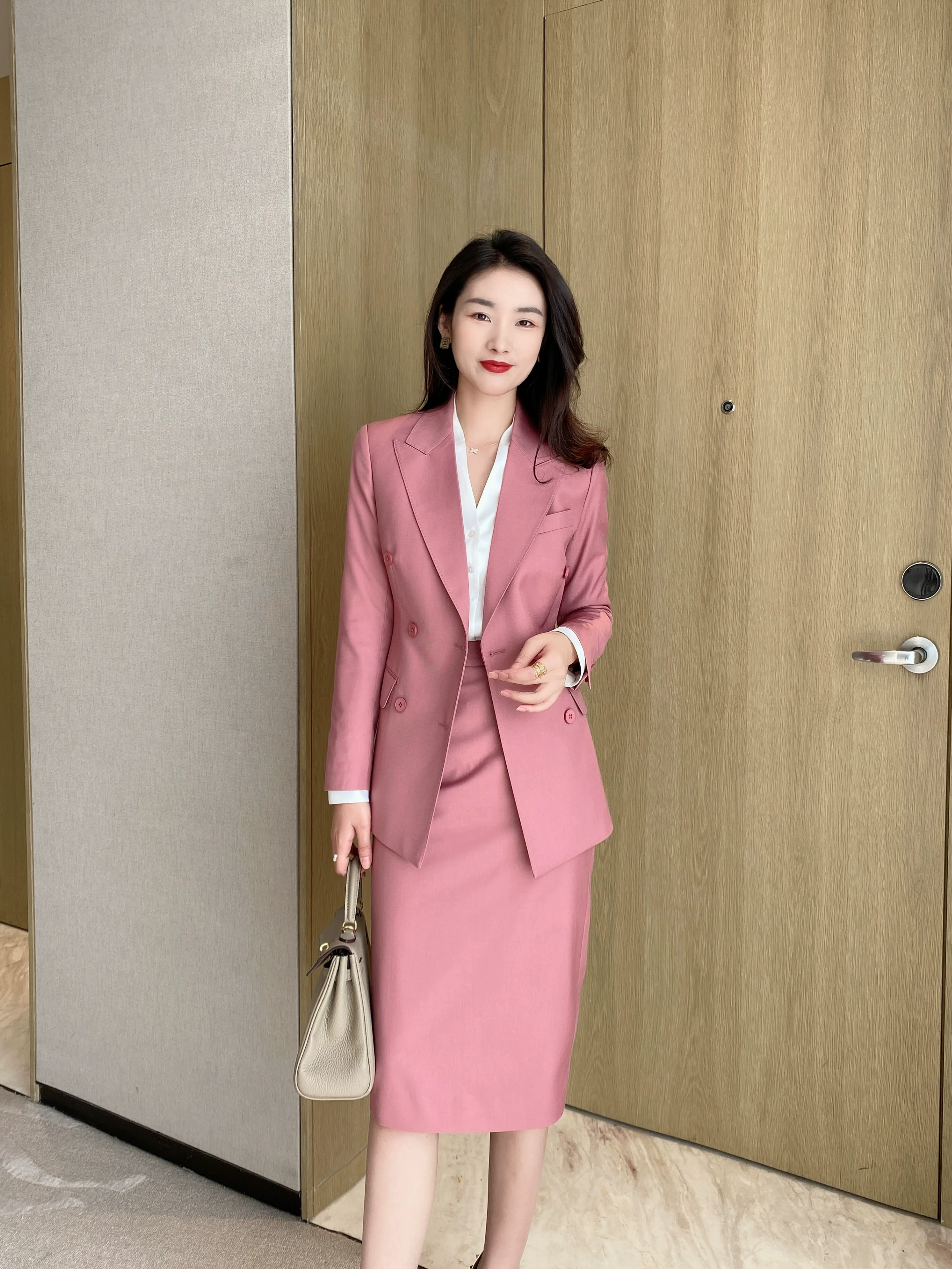 Elegant Dry Rose Powder Women's Suit Jacket & Skirt Set - Image 2