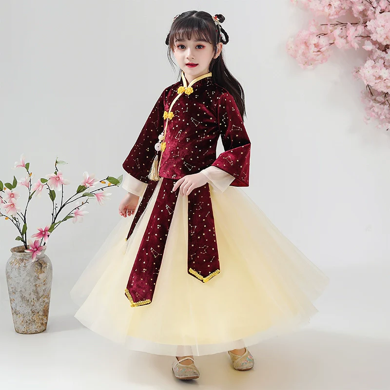 Elegant Girls' Chinese Hanfu Dress Autumn Spring Cheongsam Traditional Performance Outfit - Image 4