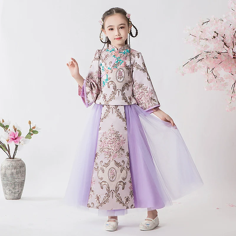 Elegant Girls' Fleece Lined Hanfu Cheongsam Dress: Traditional Chinese New Year Outfit