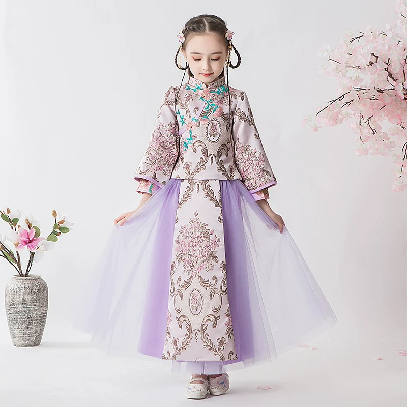 Elegant Girls' Fleece Lined Hanfu Cheongsam Dress: Traditional Chinese New Year Outfit - Image 2