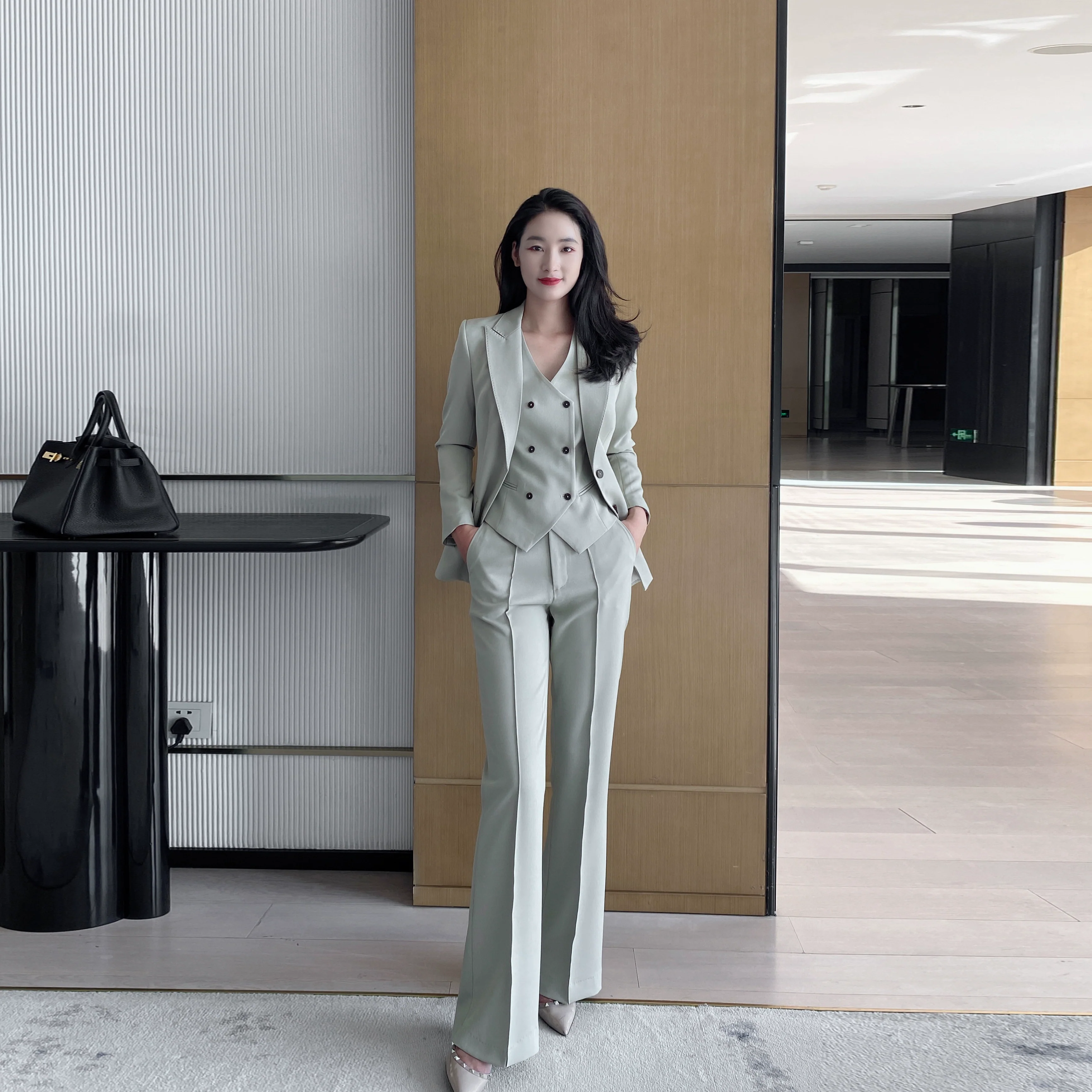 Elegant Khaki Women's Three-Piece Suit with Jacket Vest Flared Trousers - Image 5