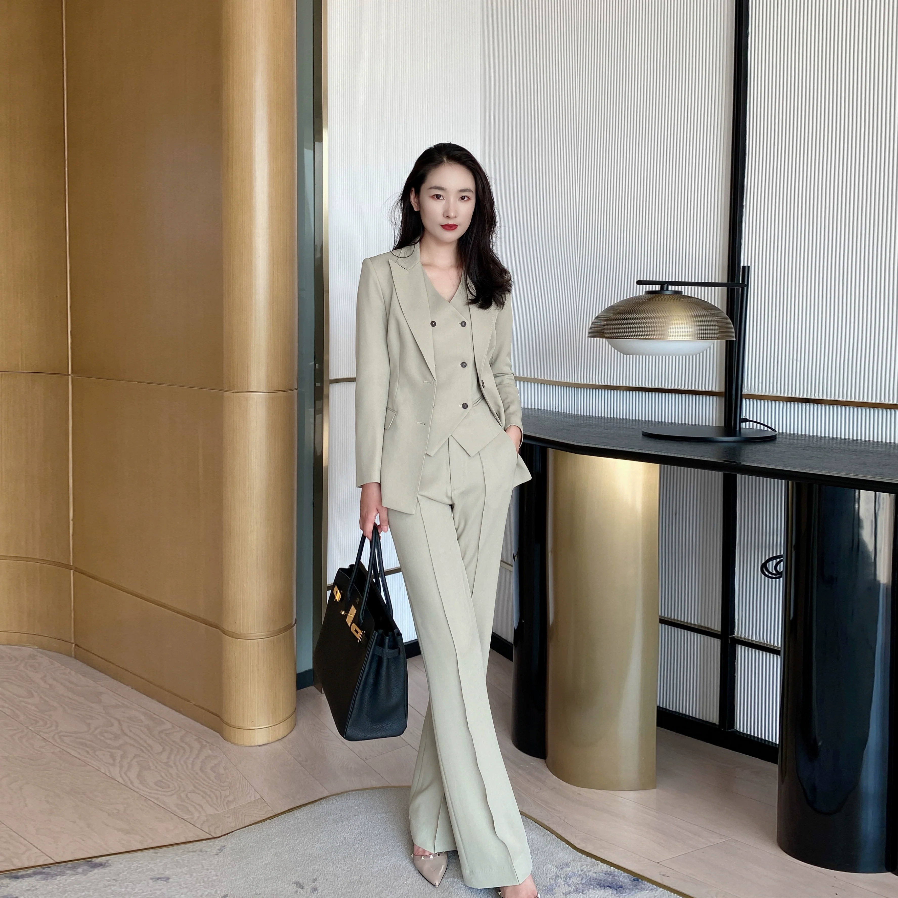 Elegant Khaki Women's Three-Piece Suit with Jacket Vest Flared Trousers - Image 6